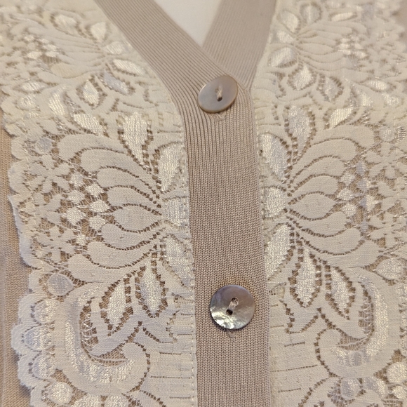 August Silk blend cardigan button down lace trim beige cream Med/large - Picture 8 of 15